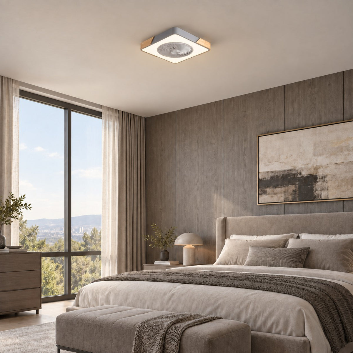 Modern Bladeless Ceiling Fan with Lights Flush Mount Iron Frame Dimmable LED Color Temperature