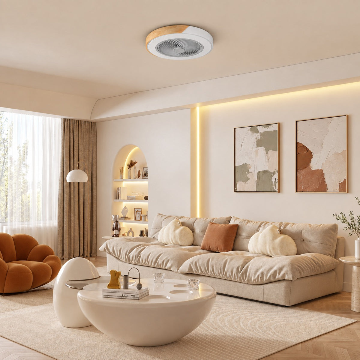Modern Bladeless Ceiling Fan with Lights Flush Mount Iron Frame Dimmable LED Color Temperature