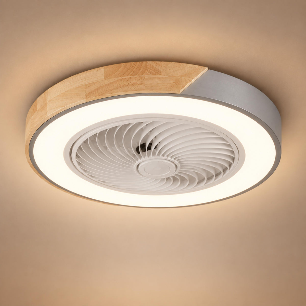 Modern Bladeless Ceiling Fan with Lights Flush Mount Iron Frame Dimmable LED Color Temperature