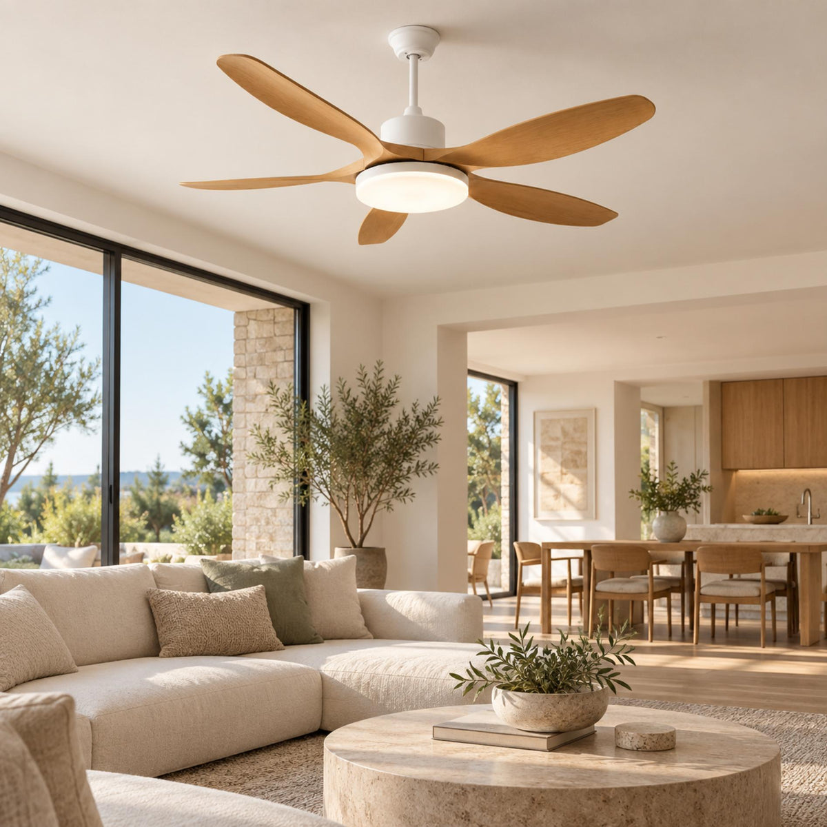 Modern Flush Mount Ceiling Fan with Lights 5-Blade Metal Adjustable LED Remote Control 48/52 Inch