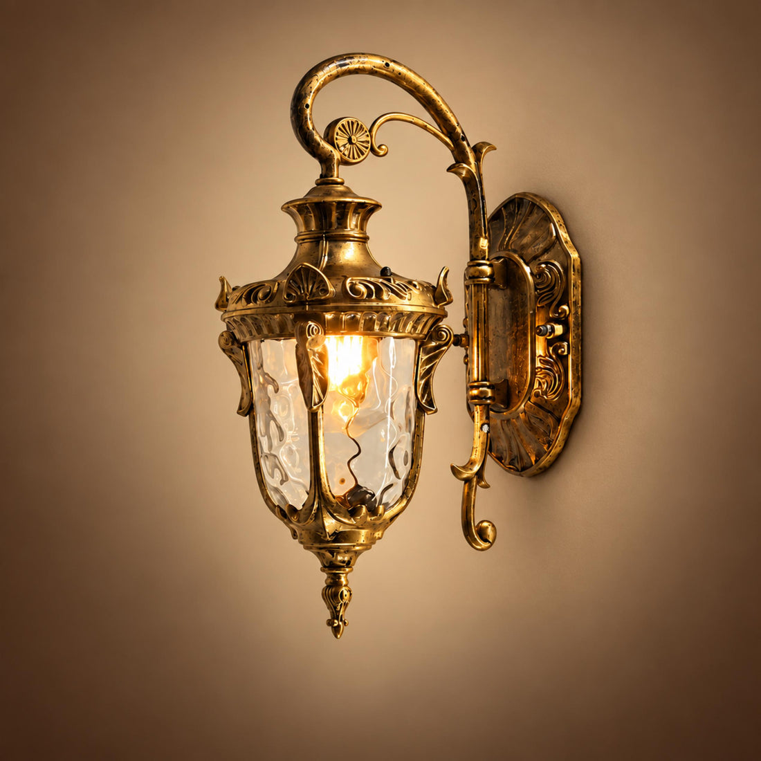 Vintage Outdoor Wall Light Brass Structure Corrugated Glass Shade IP65 Waterproof LED