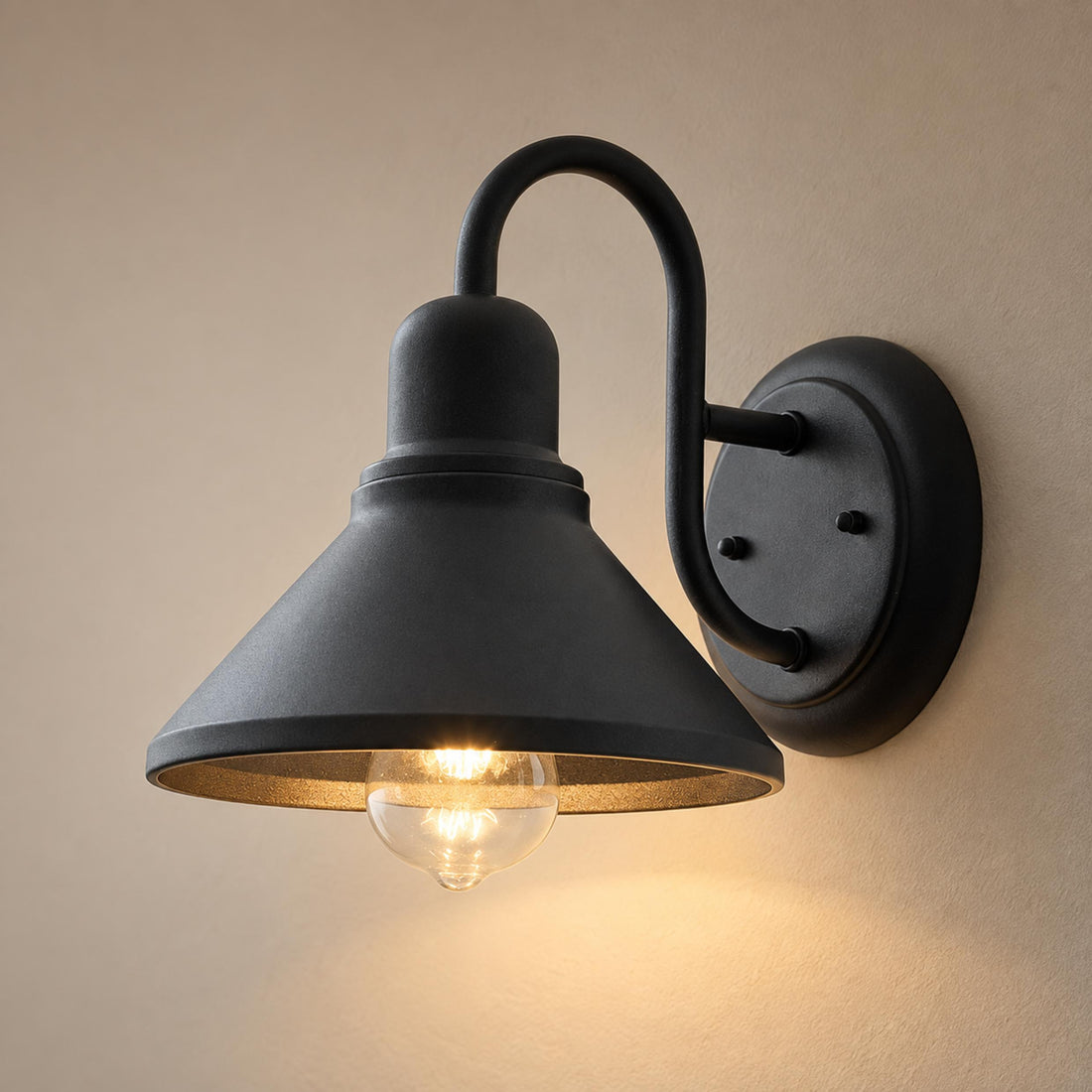 Black Outdoor Wall Light Sconce with Caged Metal Shade and LED Compatibility for Exterior Use