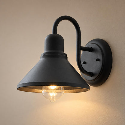 Black Outdoor Wall Light Sconce with Caged Metal Shade and LED Compatibility for Exterior Use