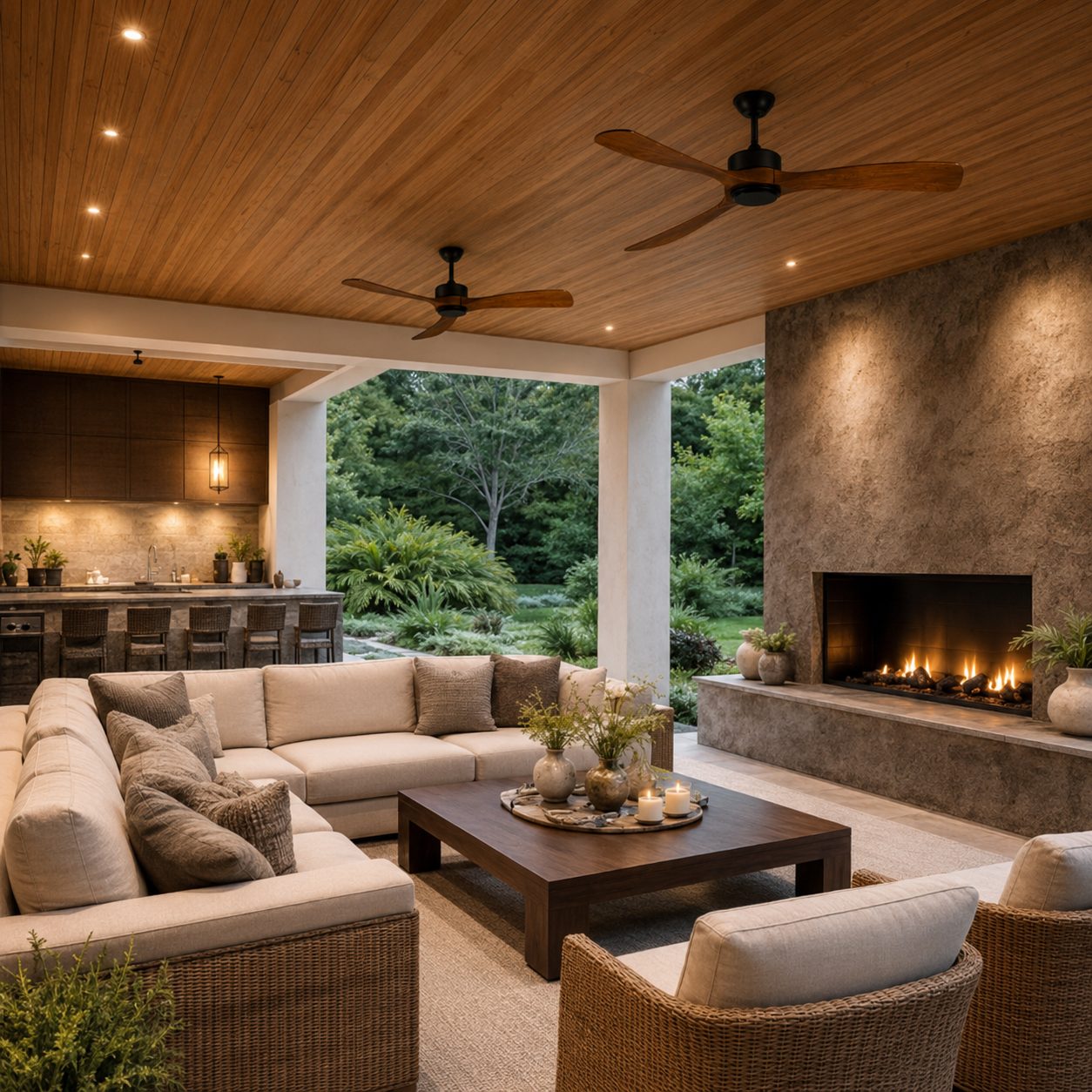 Modern Outdoor Ceiling Fan with Walnut Wood Blades Flush Mount Waterproof IP65 Quiet 6-Speed Motor