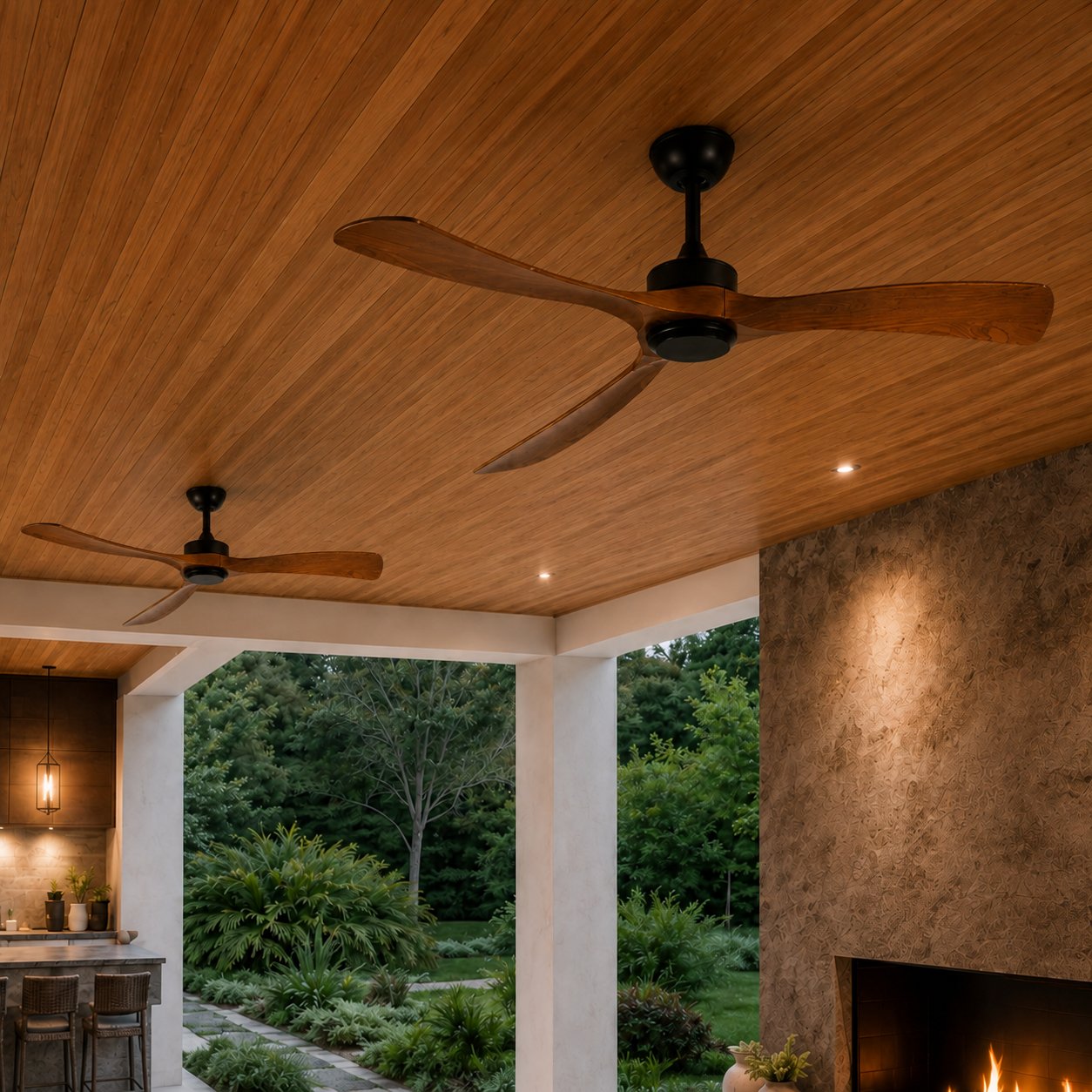 Modern Outdoor Ceiling Fan with Walnut Wood Blades Flush Mount Waterproof IP65 Quiet 6-Speed Motor