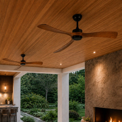 Modern Outdoor Ceiling Fan with Walnut Wood Blades Flush Mount Waterproof IP65 Quiet 6-Speed Motor