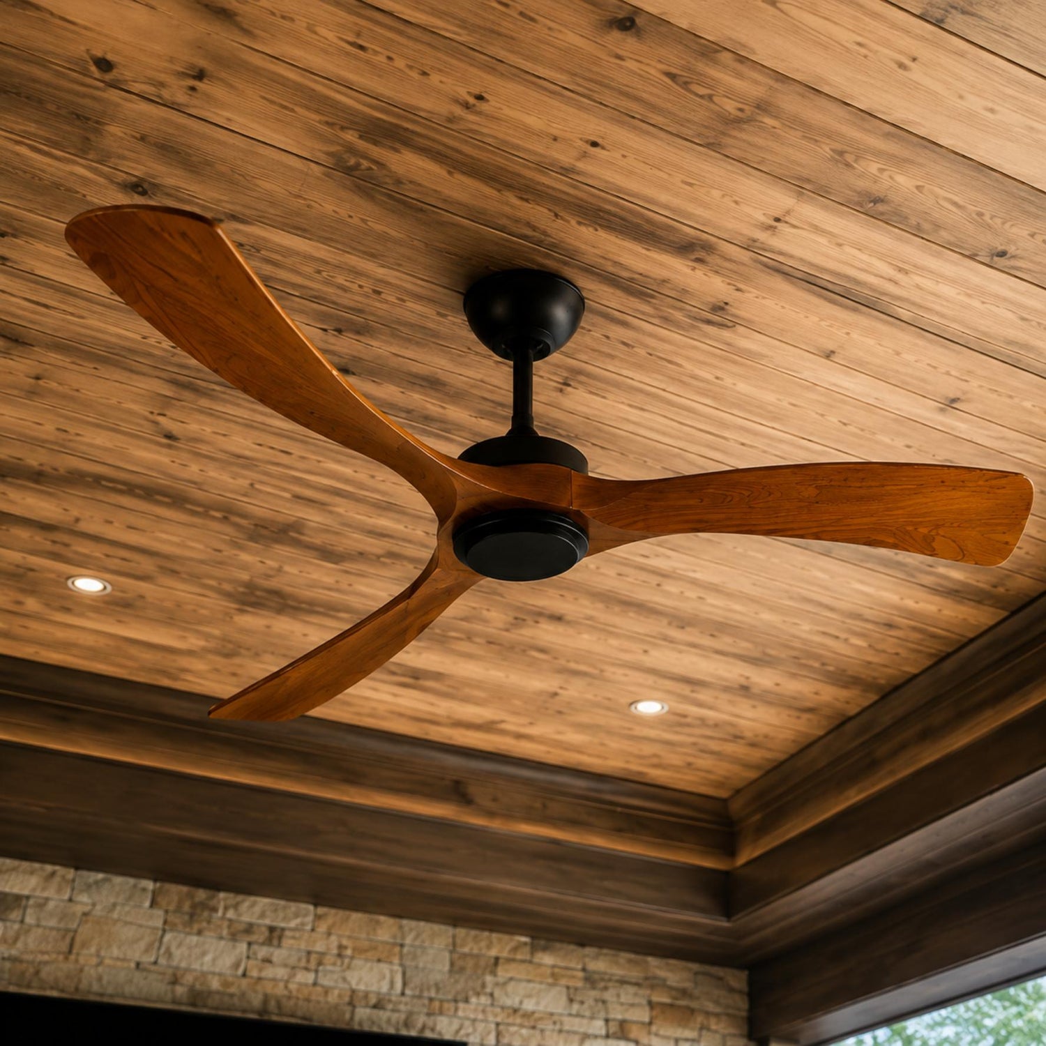 Modern Outdoor Ceiling Fan with Walnut Wood Blades Flush Mount Waterproof IP65 Quiet 6-Speed Motor