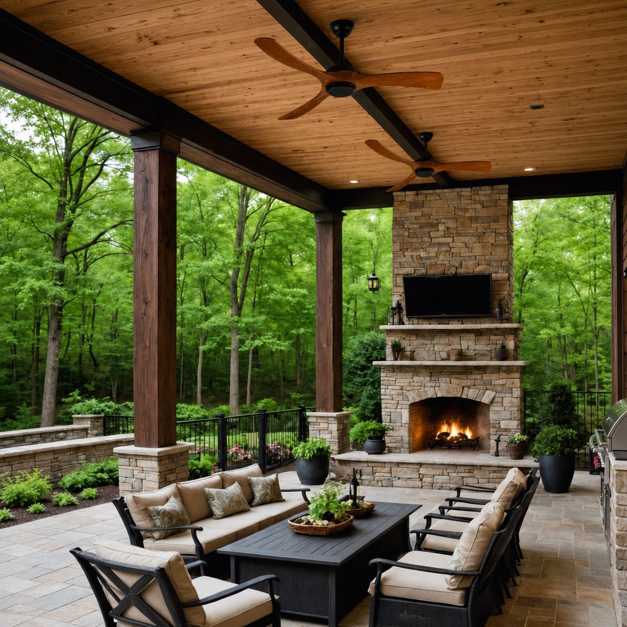 Modern Outdoor Ceiling Fan with Walnut Wood Blades Flush Mount Waterproof IP65 Quiet 6-Speed Motor