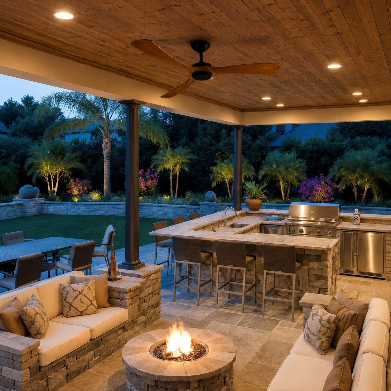 Modern Outdoor Ceiling Fan with Walnut Wood Blades Flush Mount Waterproof IP65 Quiet 6-Speed Motor