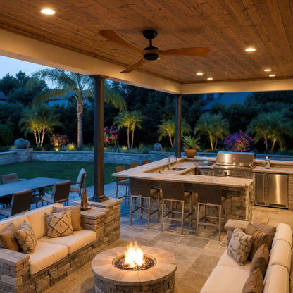 Modern Outdoor Ceiling Fan with Walnut Wood Blades Flush Mount Waterproof IP65 Quiet 6-Speed Motor