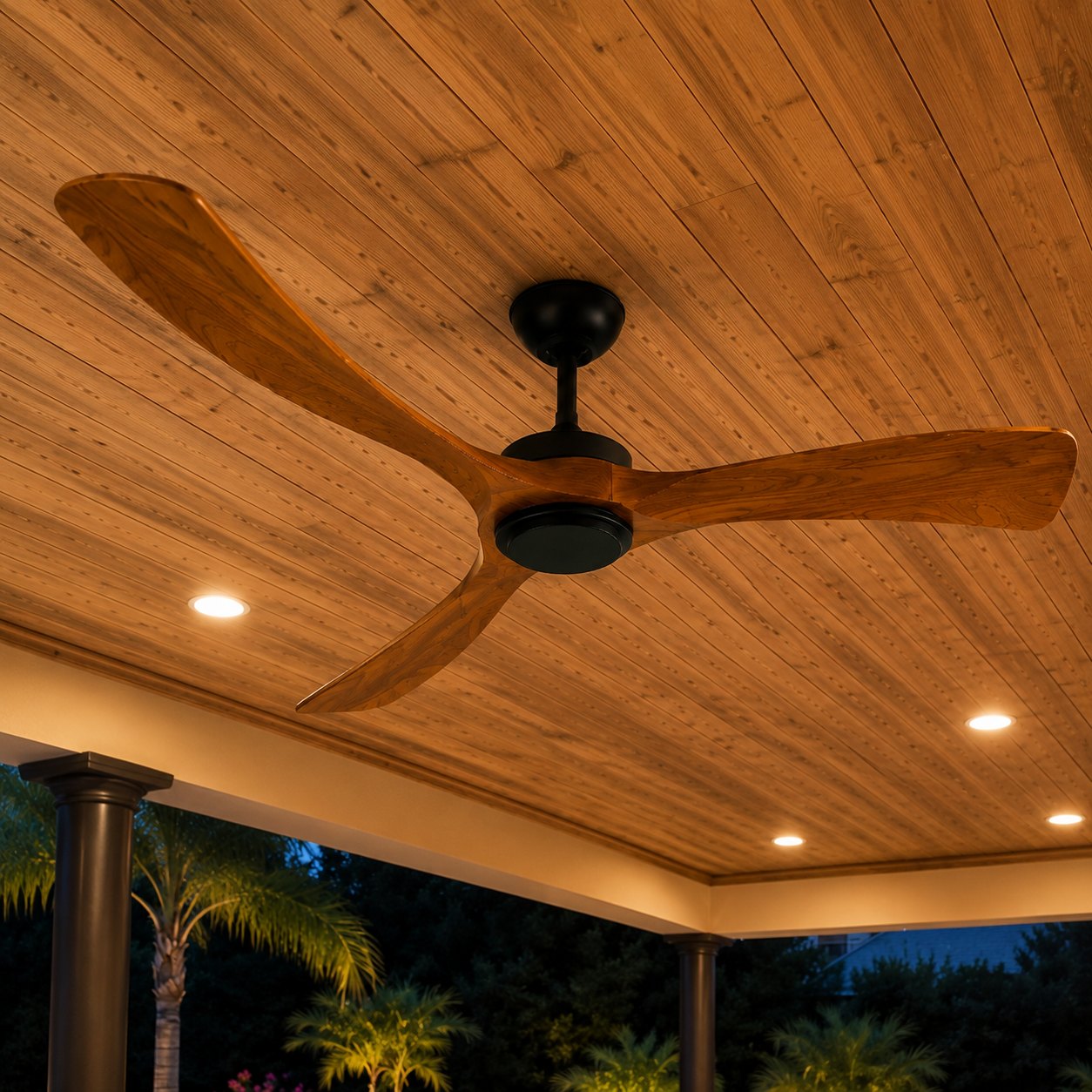 Modern Outdoor Ceiling Fan with Walnut Wood Blades Flush Mount Waterproof IP65 Quiet 6-Speed Motor