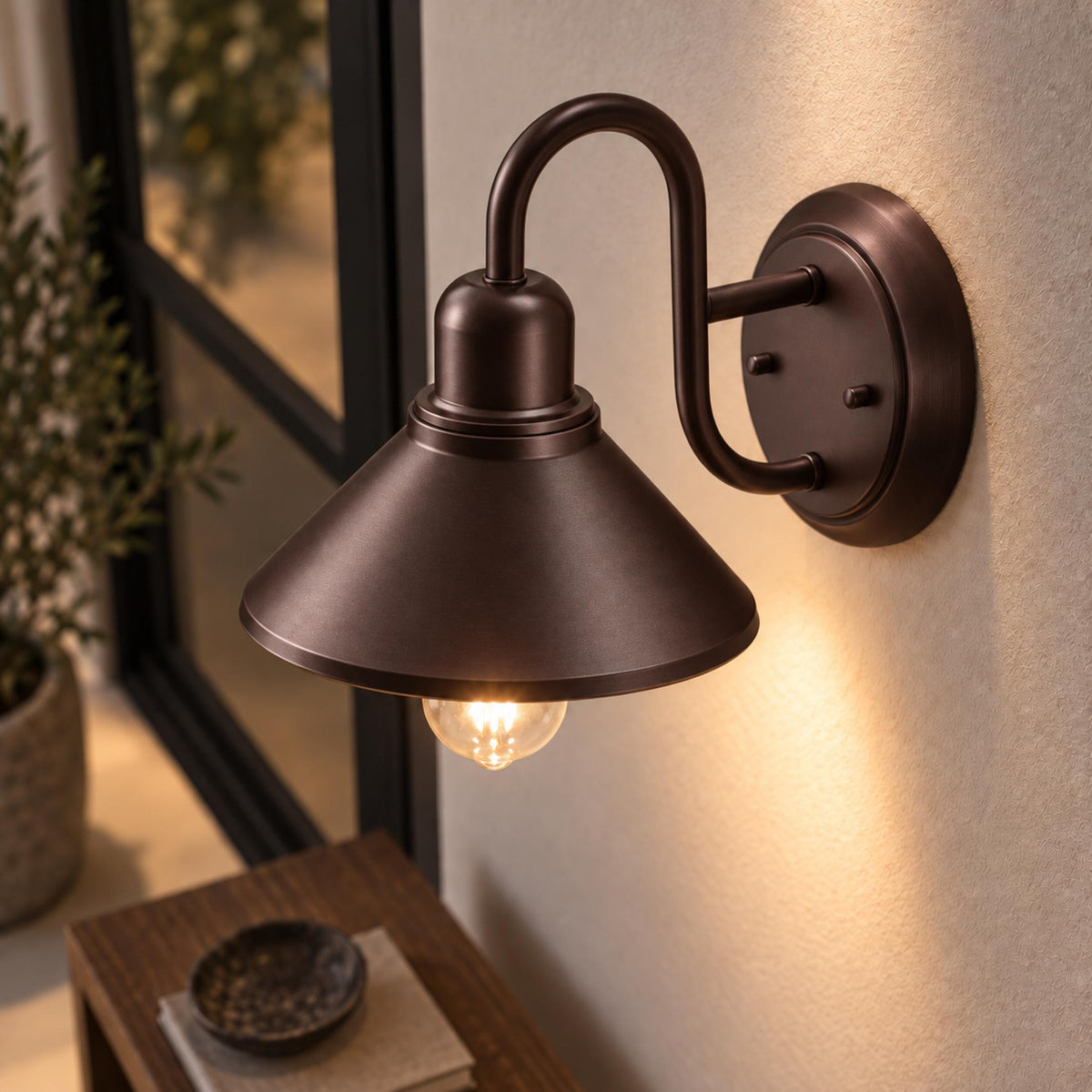 Black Outdoor Wall Light Sconce with Caged Metal Shade and LED Compatibility for Exterior Use