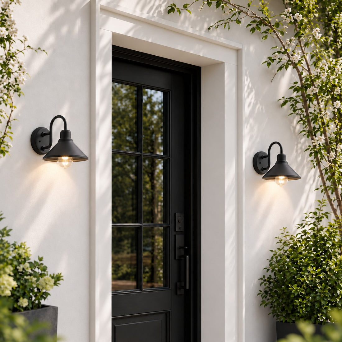 Black Outdoor Wall Light Sconce with Caged Metal Shade and LED Compatibility for Exterior Use