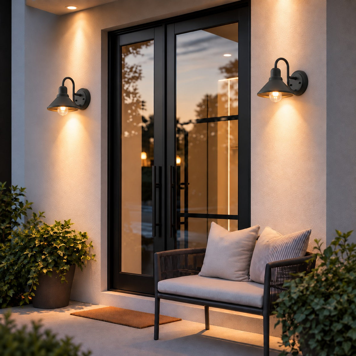 Black Outdoor Wall Light Sconce with Caged Metal Shade and LED Compatibility for Exterior Use