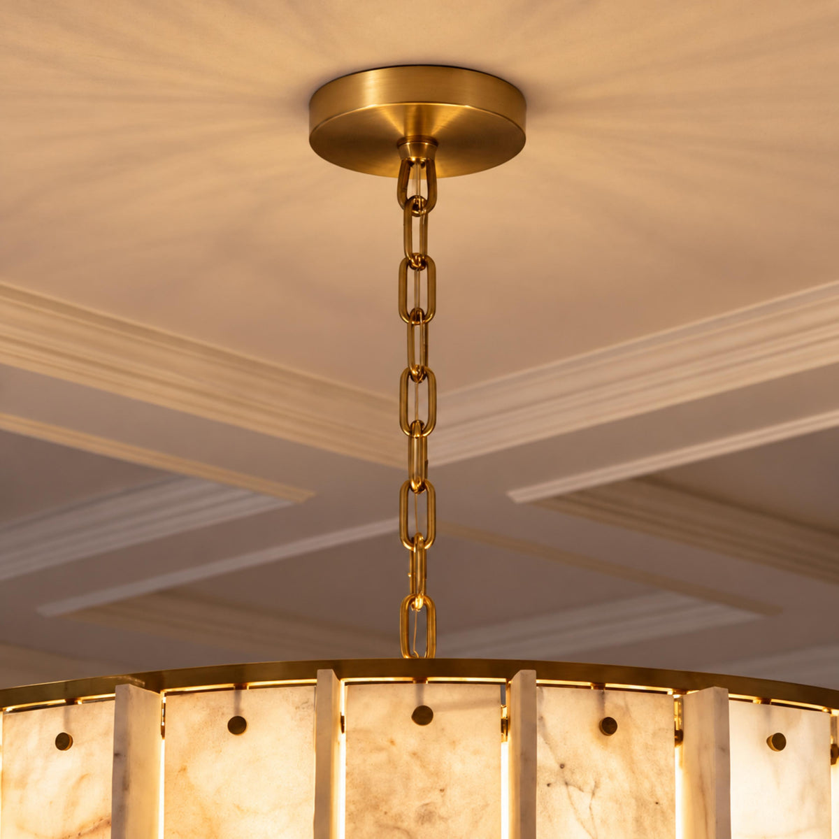 Modern Designer Chandelier Hanging Brass Frame with Alabaster Panels for Soft Ambient Glow