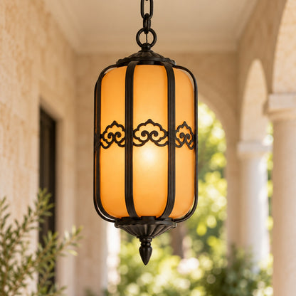 Traditional Outdoor Hanging Light with Faux Alabaster Panels &amp; Sandblasted Black Aluminium Frame