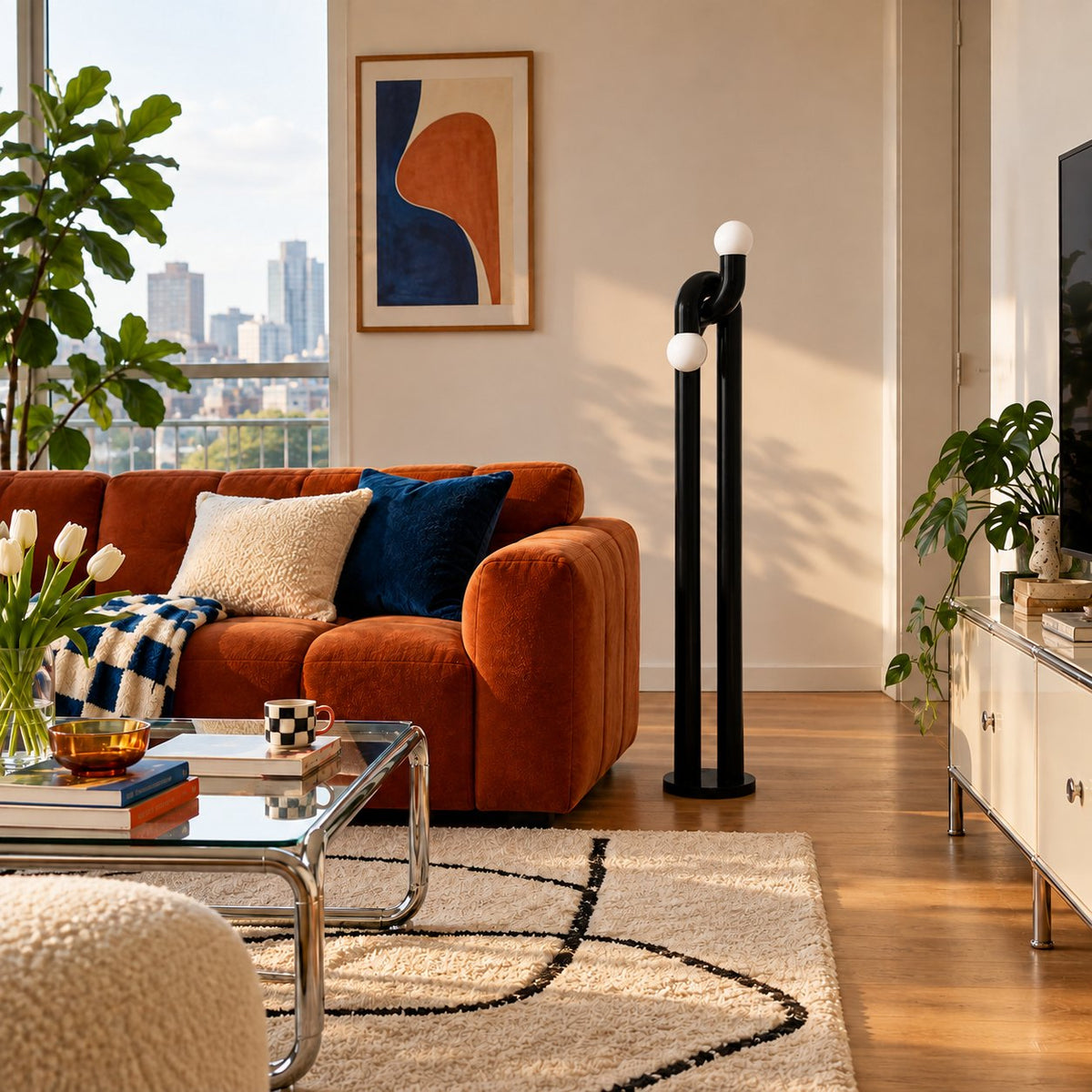 Modern Floor Lamp with Adjustable Height Metal Base for LED Bulbs in Living Room