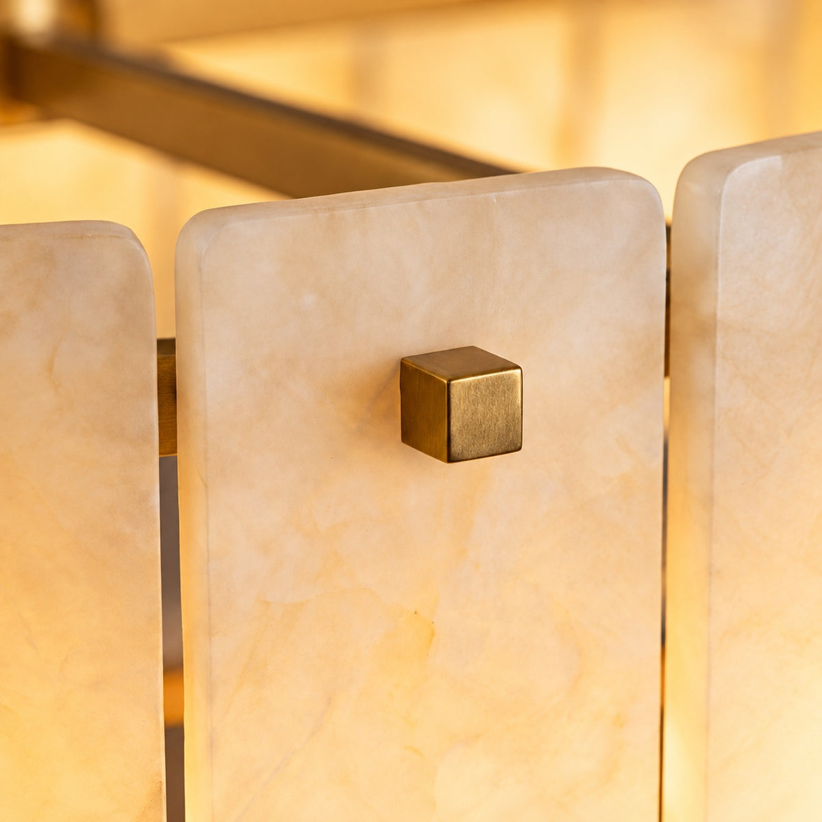 Modern Drum Chandelier Hanging Light Fixture with Alabaster Panels and Gold Frame for Soft Illumination