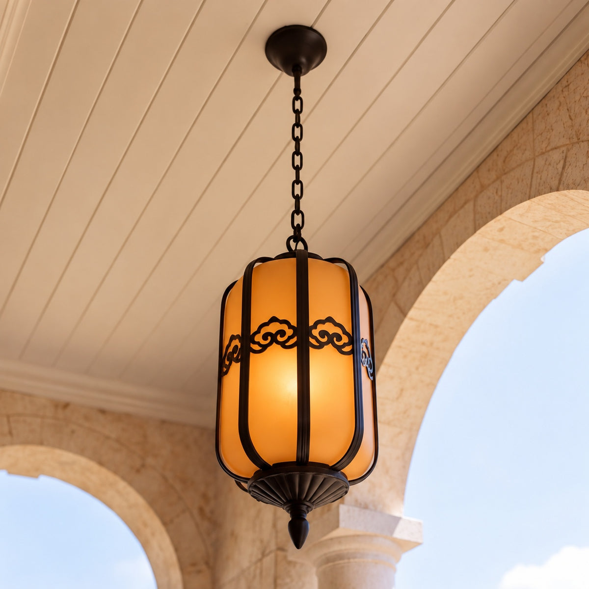 Traditional Outdoor Hanging Light with Faux Alabaster Panels &amp; Sandblasted Black Aluminium Frame