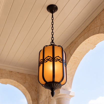 Traditional Outdoor Hanging Light with Faux Alabaster Panels &amp; Sandblasted Black Aluminium Frame