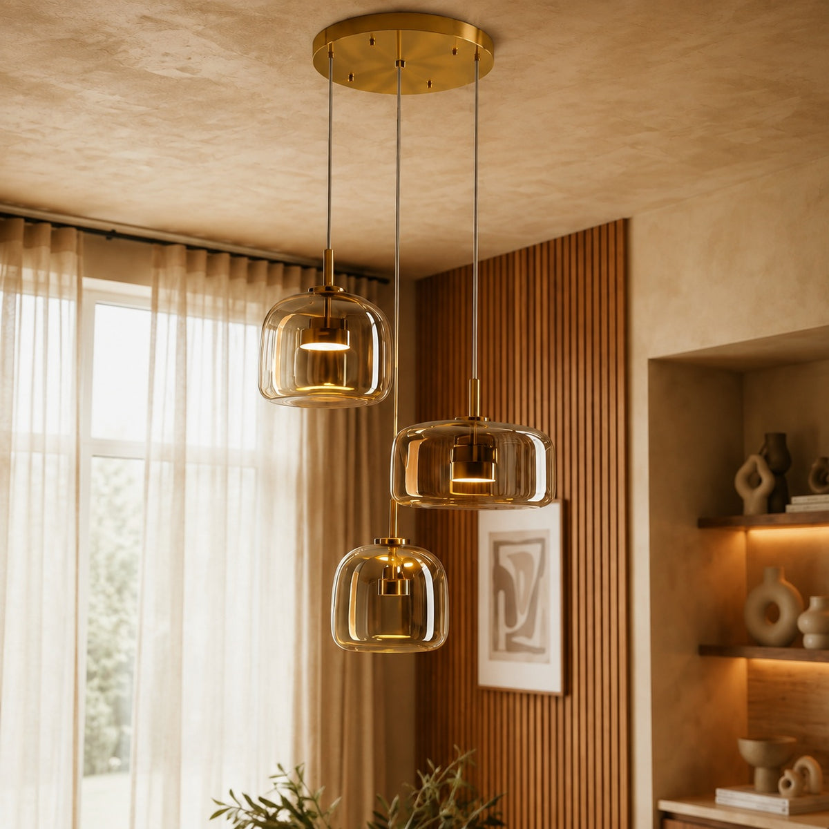 Modern Hanging Pendant Light Adjustable Black Iron Frame Hand-Blown Glass LED