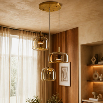 Modern Hanging Pendant Light Adjustable Black Iron Frame Hand-Blown Glass LED