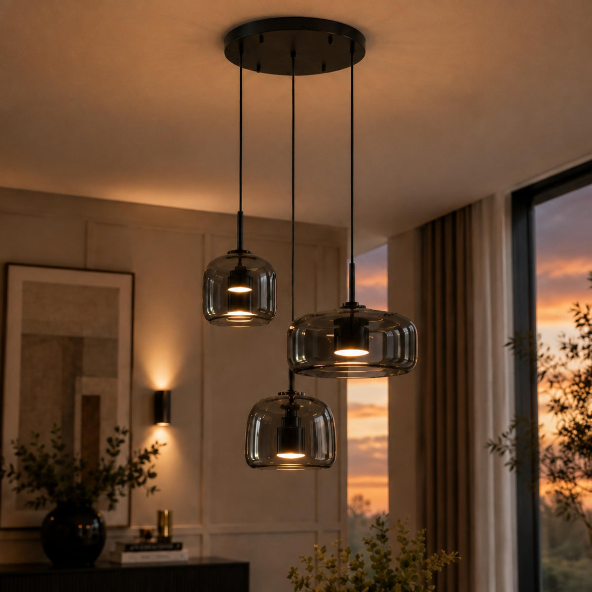 Modern Hanging Pendant Light Adjustable Black Iron Frame Hand-Blown Glass LED