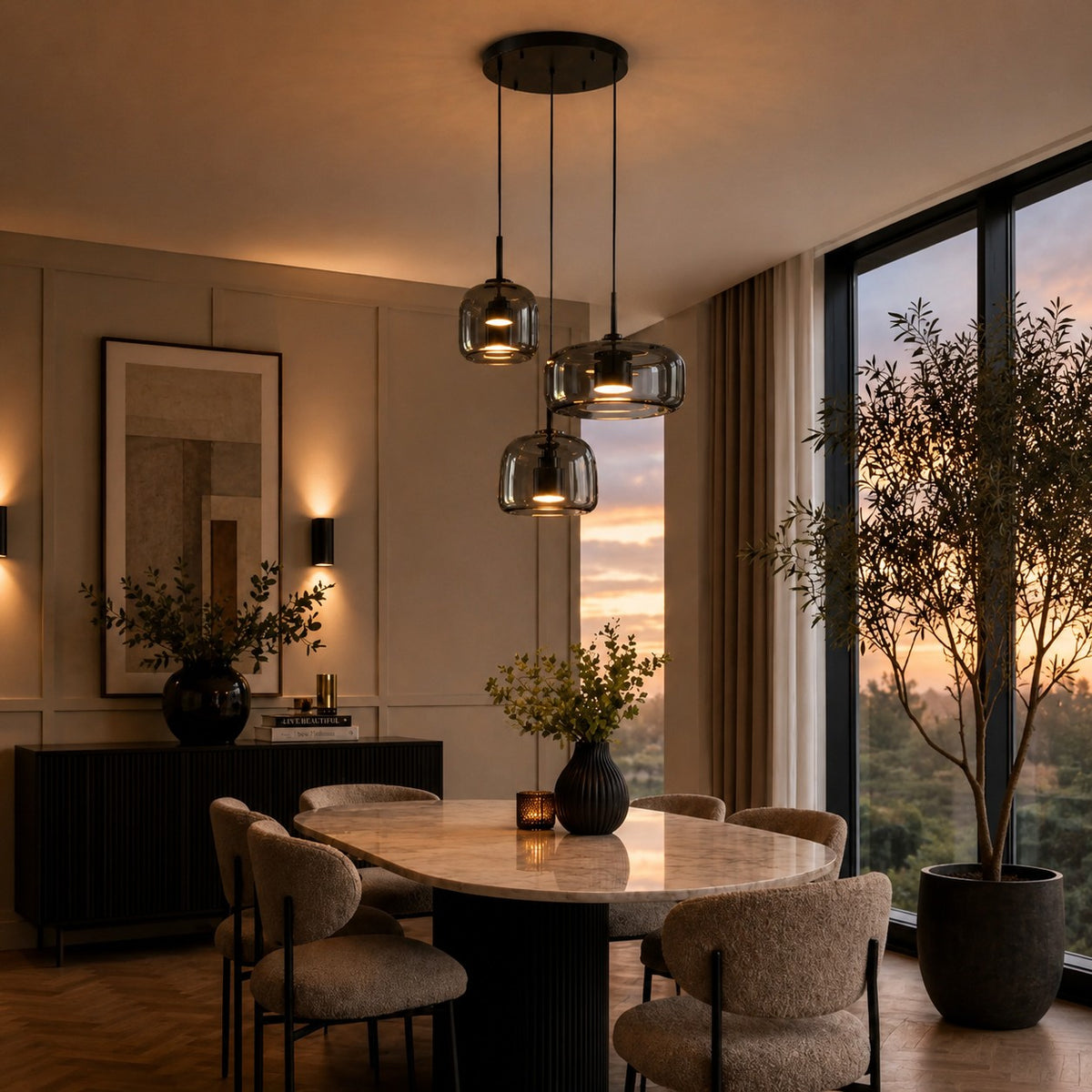 Modern Hanging Pendant Light Adjustable Black Iron Frame Hand-Blown Glass LED