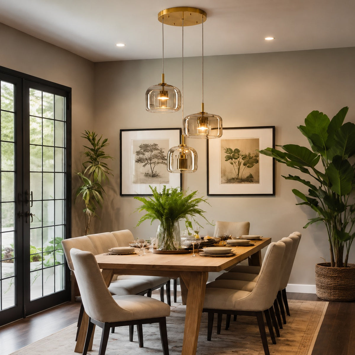 Modern Hanging Pendant Light Adjustable Black Iron Frame Hand-Blown Glass LED