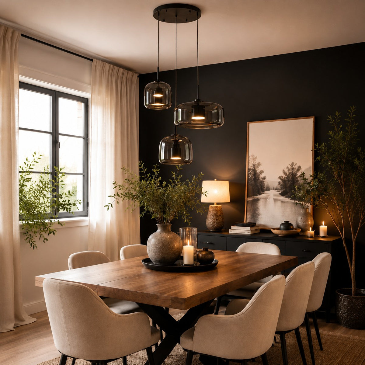 Modern Hanging Pendant Light Adjustable Black Iron Frame Hand-Blown Glass LED