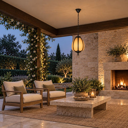 Traditional Outdoor Pendant Light with Faux Alabaster &amp; Black Die-Cast Aluminium Frame