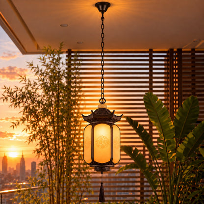Traditional Pagoda Outdoor Pendant Light with Faux Alabaster Panels &amp; Bronze Gold Aluminium Frame