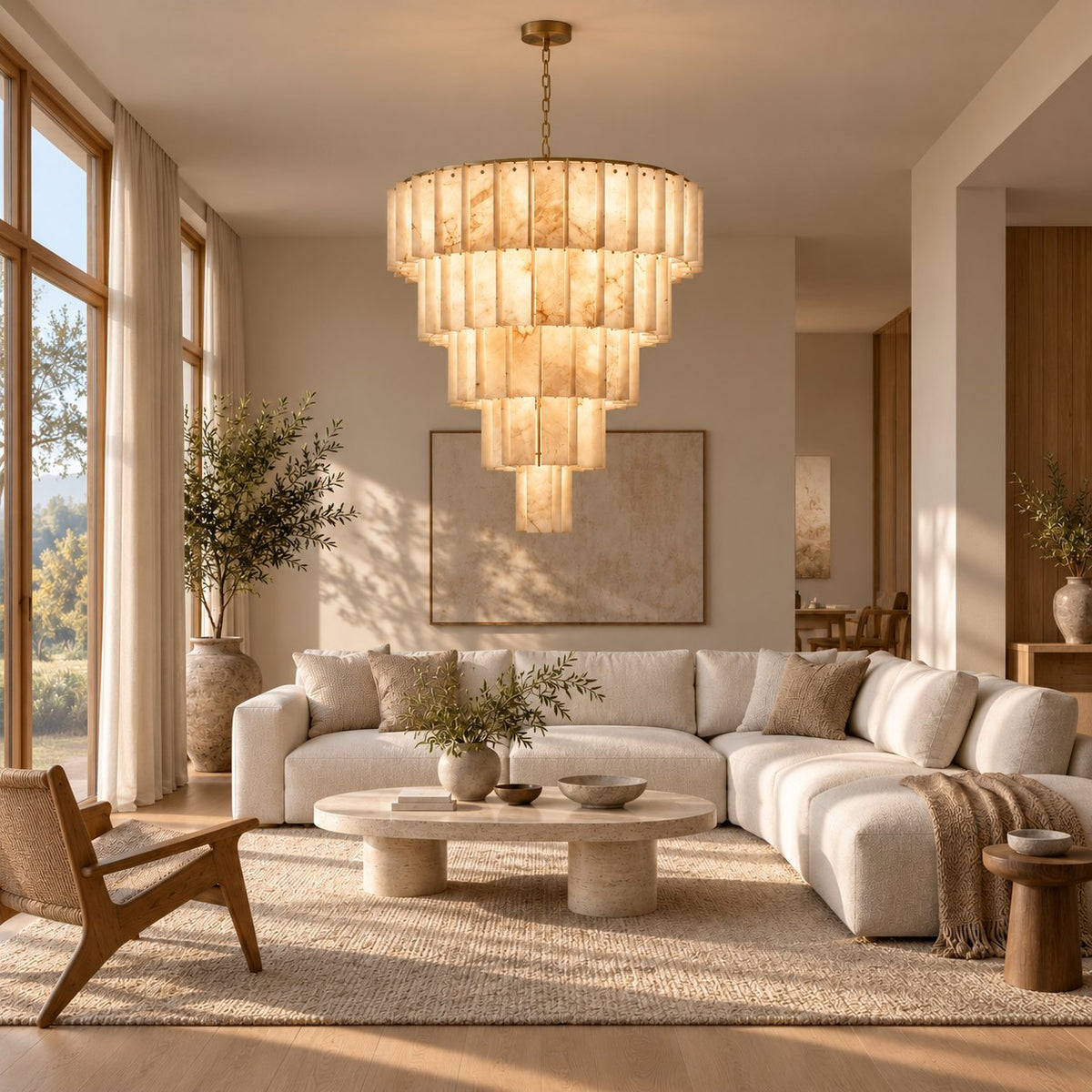 Modern Designer Chandelier Hanging Brass Frame with Alabaster Panels for Soft Ambient Glow