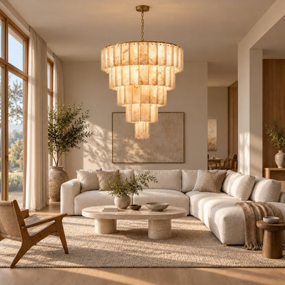 Modern Designer Chandelier Hanging Brass Frame with Alabaster Panels for Soft Ambient Glow