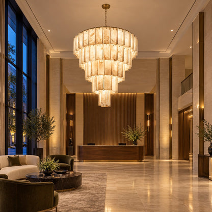 Modern Designer Chandelier Hanging Brass Frame with Alabaster Panels for Soft Ambient Glow