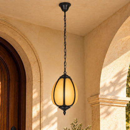 Traditional Outdoor Pendant Light with Faux Alabaster &amp; Black Die-Cast Aluminium Frame