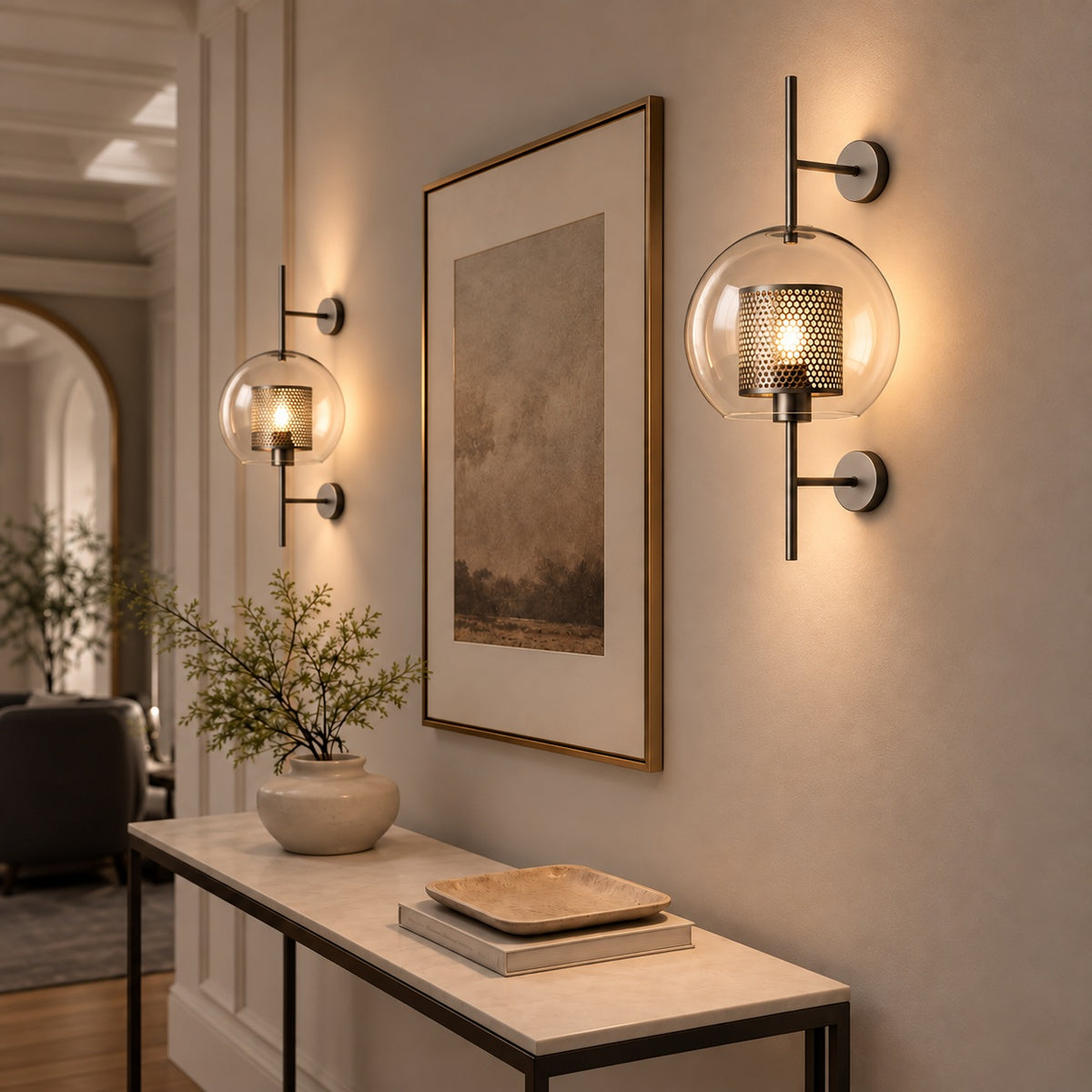 Modern Glass Wall Light Wall Mounted Metal Frame LED Sconce for Indoor Illumination