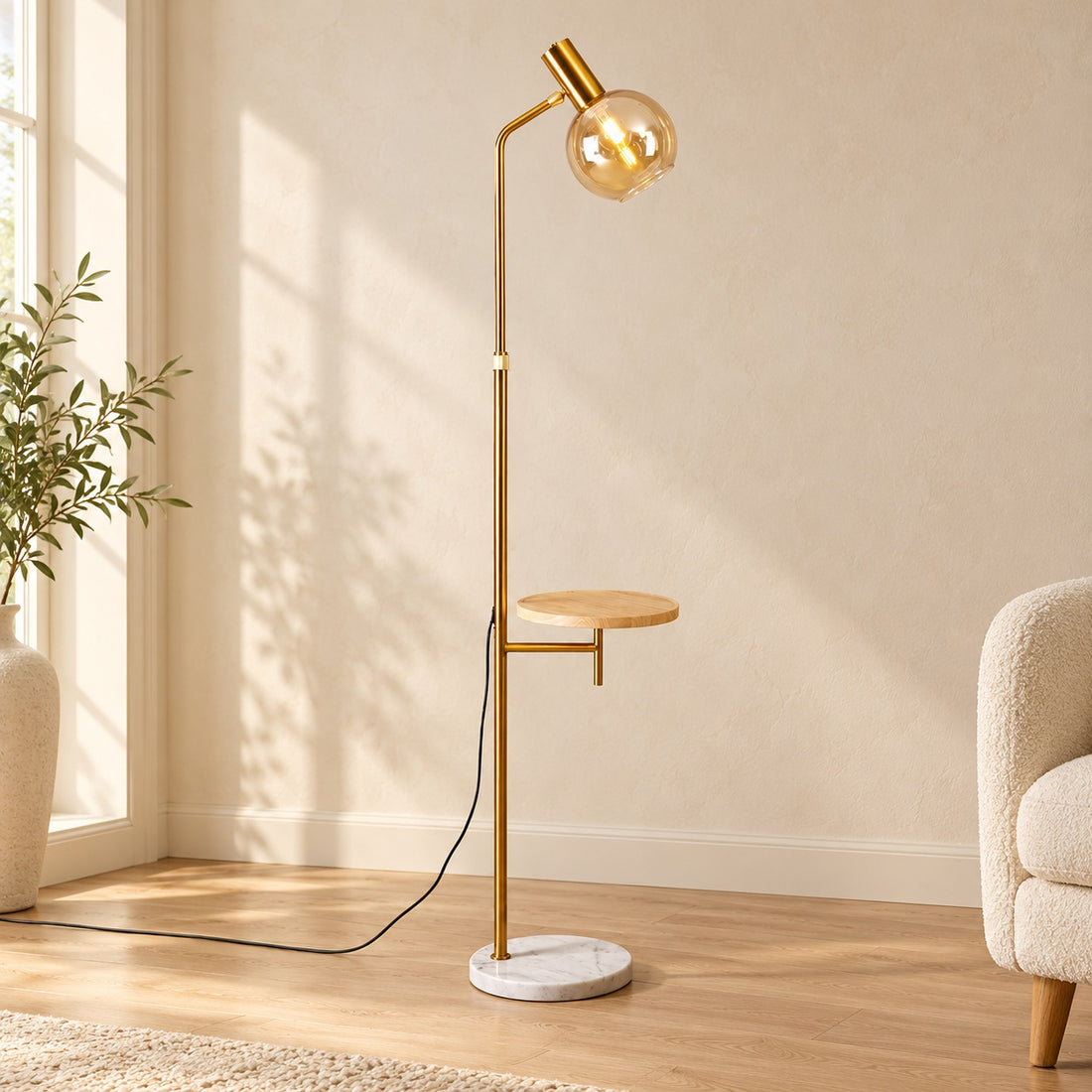 Modern Gold Floor Lamp with Adjustable Height Marble Base USB Powered for Living Room
