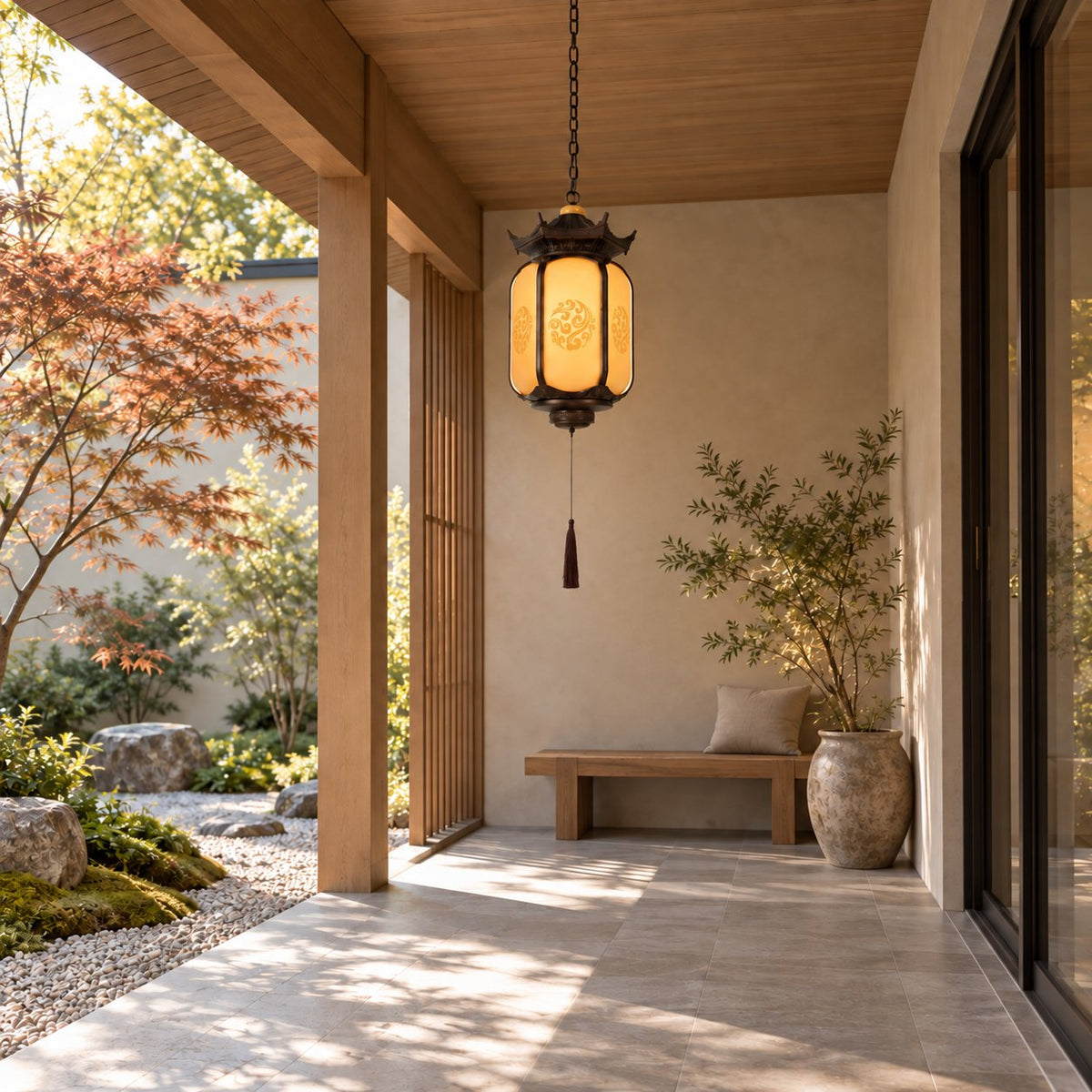 Traditional Pagoda Outdoor Pendant Light with Faux Alabaster Panels &amp; Bronze Gold Aluminium Frame