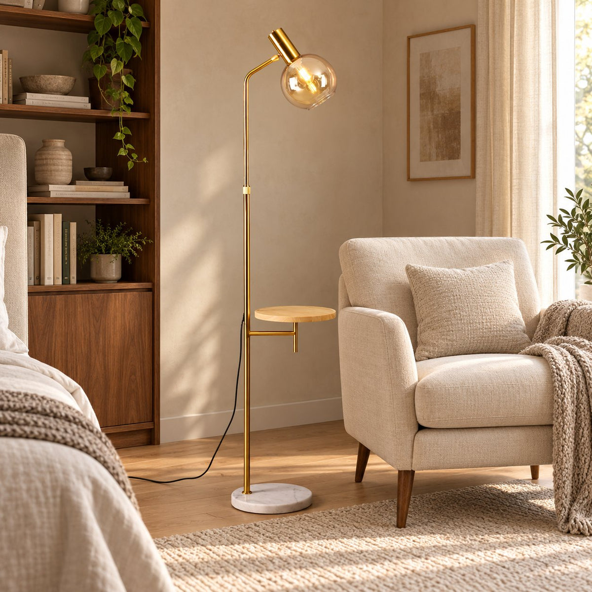 Modern Gold Floor Lamp with Adjustable Height Marble Base USB Powered for Living Room