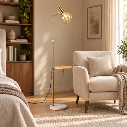 Modern Gold Floor Lamp with Adjustable Height Marble Base USB Powered for Living Room