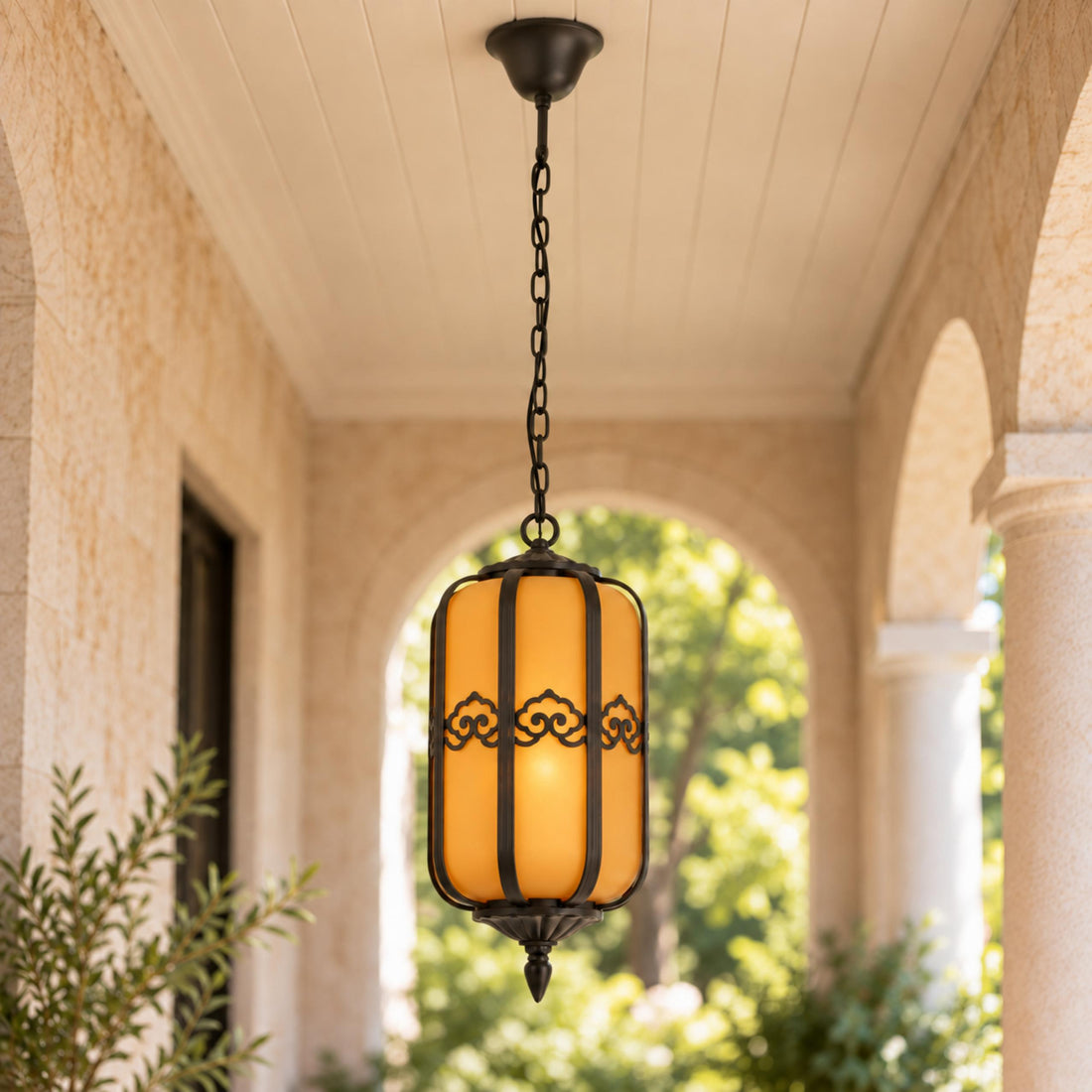 Traditional Outdoor Hanging Light with Faux Alabaster Panels &amp; Sandblasted Black Aluminium Frame