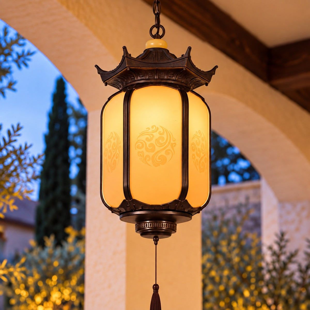 Traditional Pagoda Outdoor Pendant Light with Faux Alabaster Panels &amp; Bronze Gold Aluminium Frame
