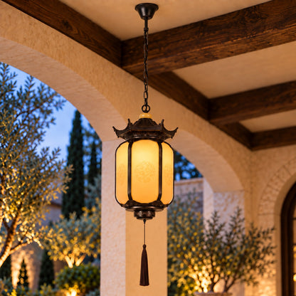 Traditional Pagoda Outdoor Pendant Light with Faux Alabaster Panels &amp; Bronze Gold Aluminium Frame