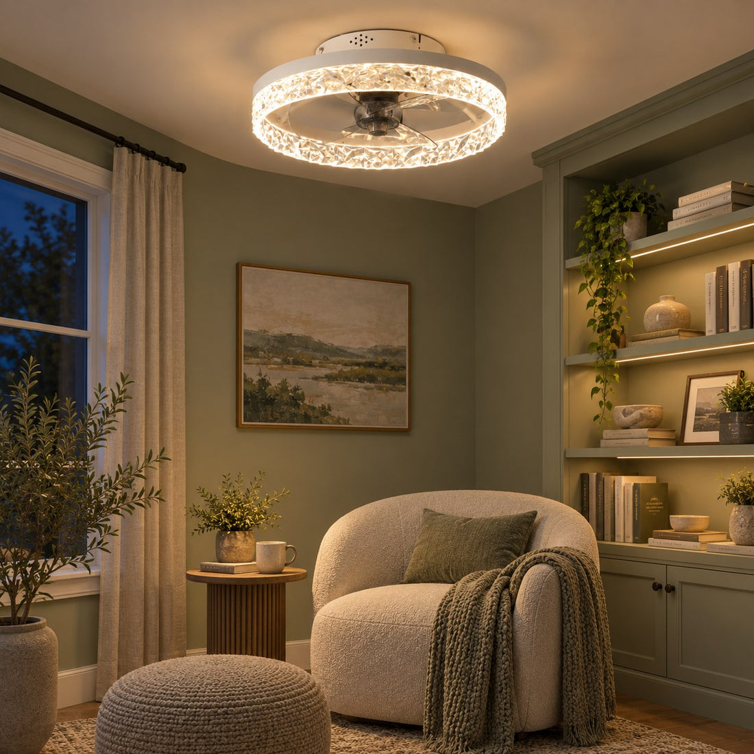 Modern Flush Mount Ceiling Fan with Lights Iron Frame Adjustable LED Color Temperature 3 Speed 1400LM