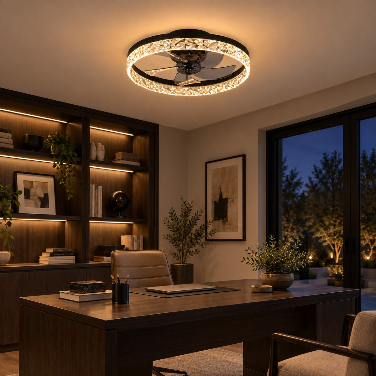 Modern Flush Mount Ceiling Fan with Lights Iron Frame Adjustable LED Color Temperature 3 Speed 1400LM