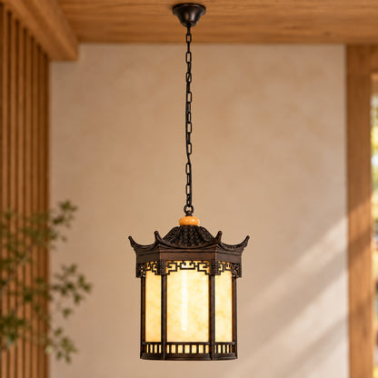 Traditional Pagoda Outdoor Hanging Light with Faux Alabaster &amp; Bronze Gold Aluminium Frame