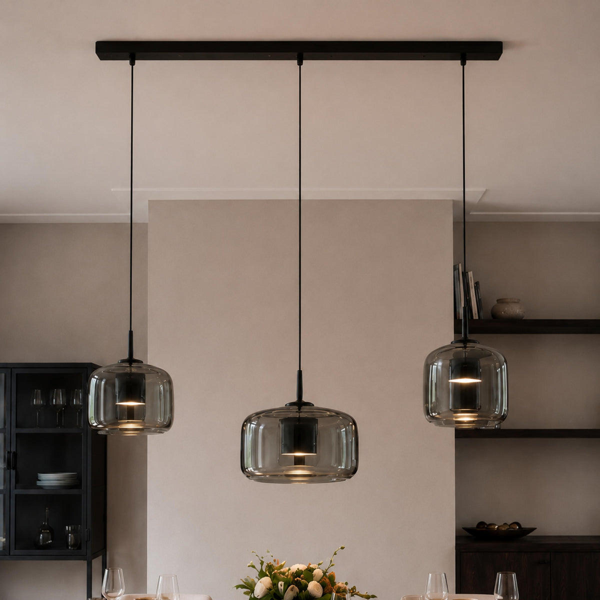 Modern Hanging Pendant Light Adjustable Black Iron Frame Hand-Blown Glass LED