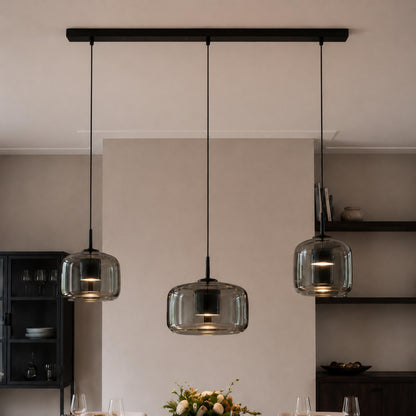 Modern Hanging Pendant Light Adjustable Black Iron Frame Hand-Blown Glass LED