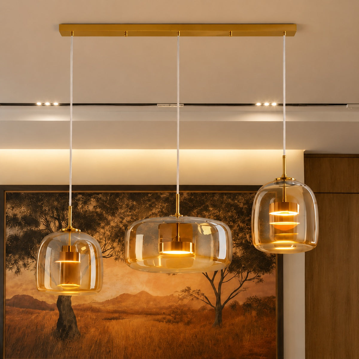 Modern Hanging Pendant Light Adjustable Black Iron Frame Hand-Blown Glass LED